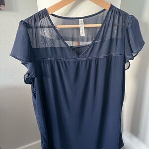 PerSeption Concept Navy V-Neck Sheer Yoke Flutter Sleeve Top